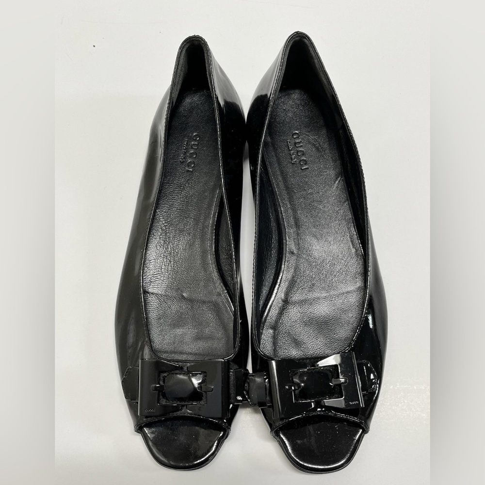 Gucci Black Patent Leather Peekaboo Toe Flats